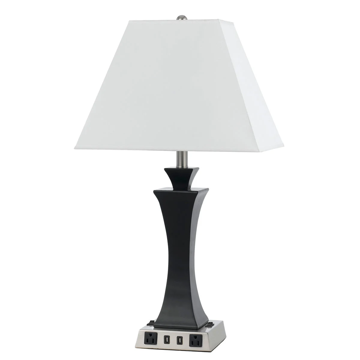 Benzara Night Stand Lamp with 2 Power outlets and 2 USB Ports, Black and White