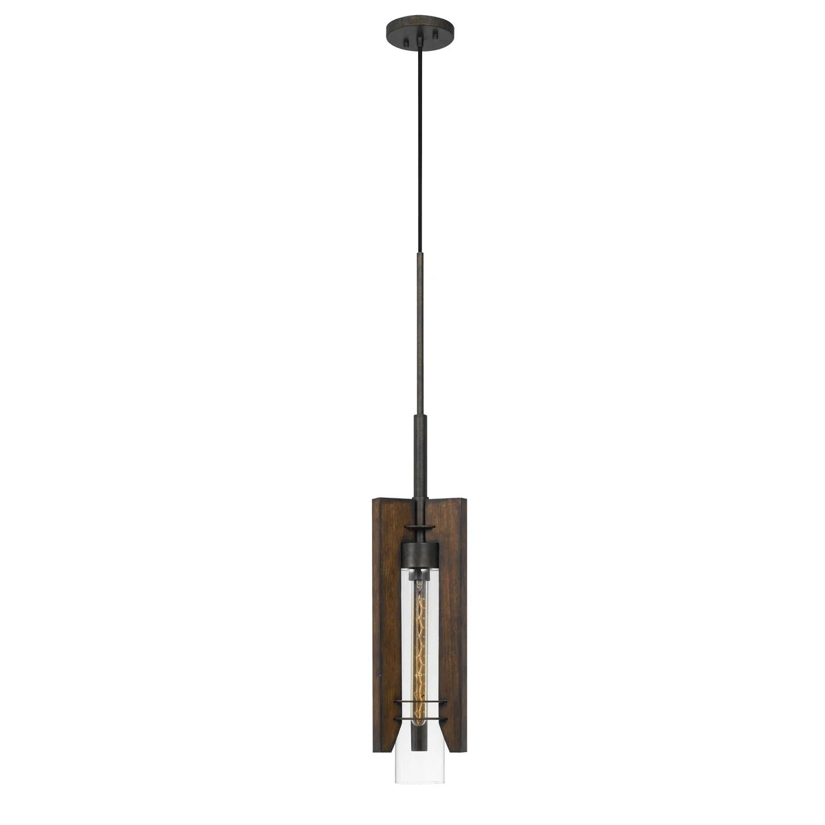 Benzara 60 Watt Metal Frame Pendant Fixture with Wood and Glass Shade, Brown