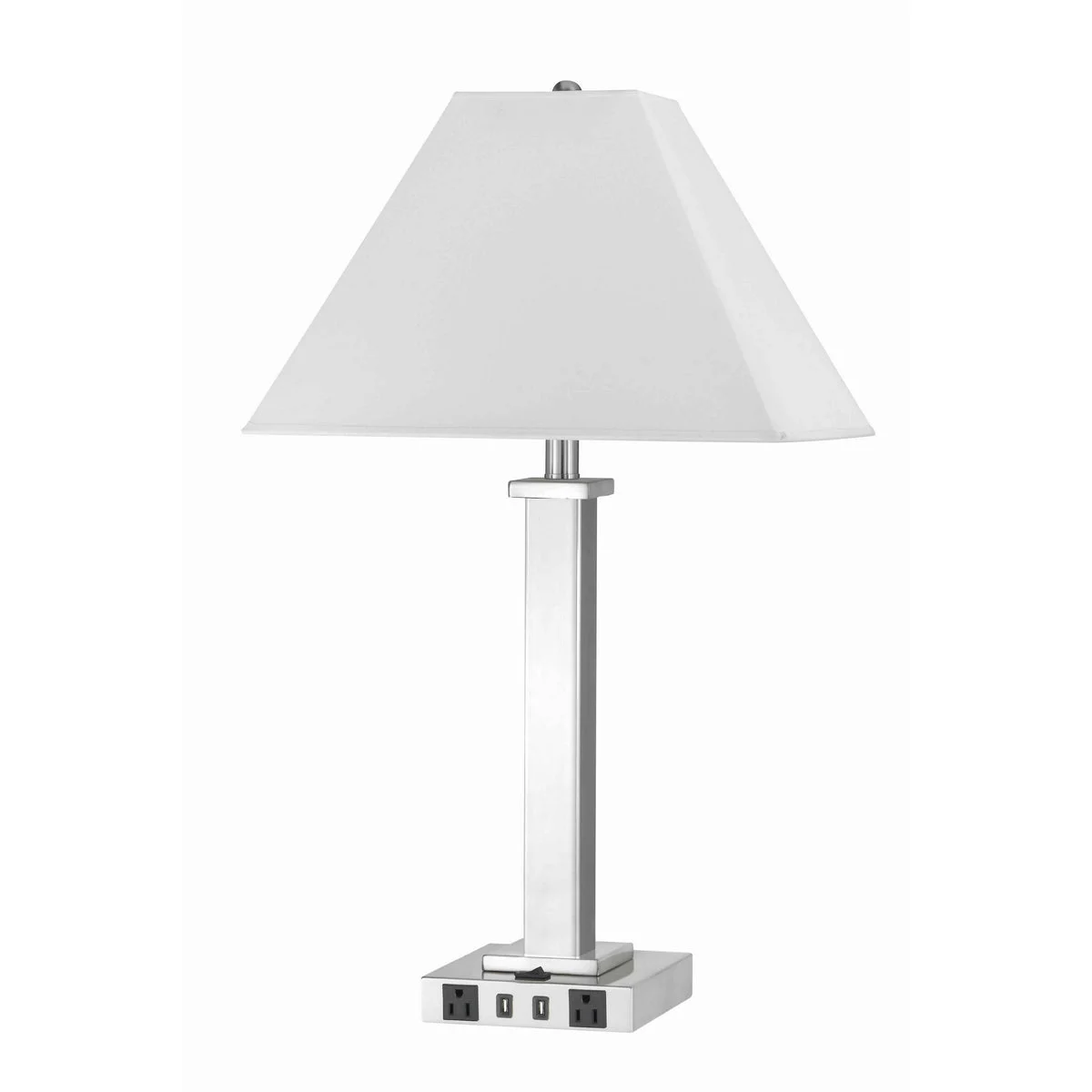 Benzara Trapezoid Shade Table Lamp with Metal Base and 2 USB Ports,White and Chrome
