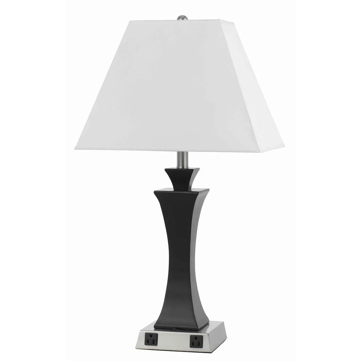 Benzara Trapezoid Shade Table Lamp with Metal Base and 2 Power Outlets, White