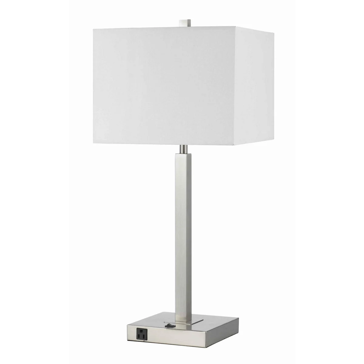 Benzara Rectangular Metal Table Lamp with Tubular Base and 2 Power Outlet, White