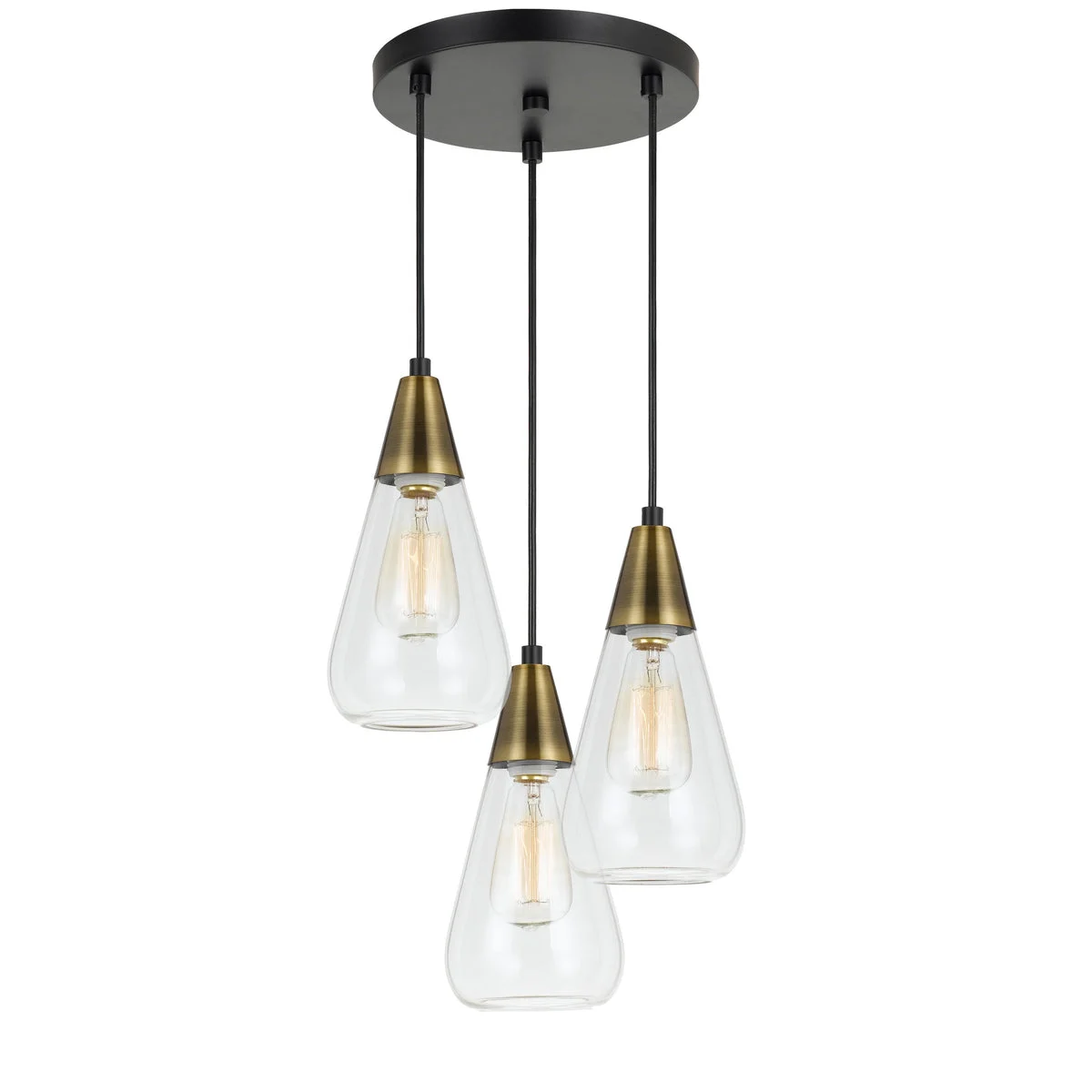Benzara 3 Conical Shaped Glass Pendant Lighting with Canopy and Brass Accent, Clear