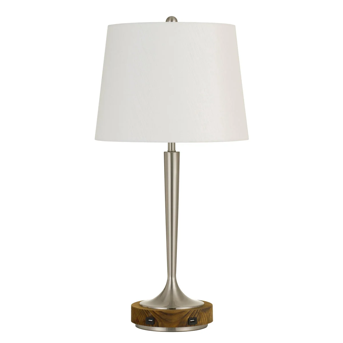Benzara 150W Metal Table Lamp with Oval Shade and 2 USB Outlets, White and Silver