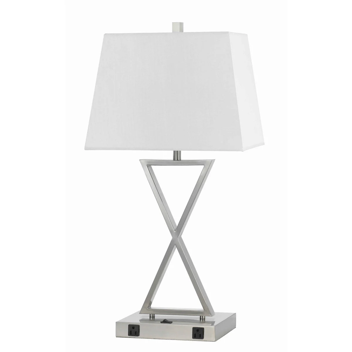 Benzara Fabric Table Lamp with X Shaped Base and 2 Power Outlets, White and Chrome