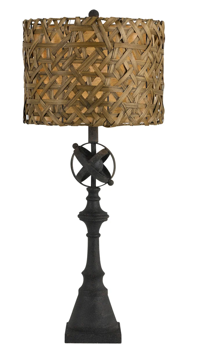 Benzara Metal Table Lamp with Woven Design Bamboo Shade, Brown and Black