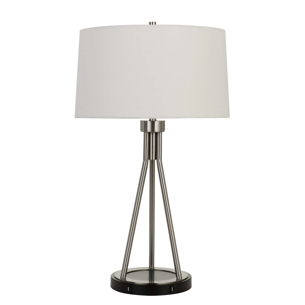 Benzara 3 Way Table Lamp with Sleek Metal Body and Fabric Shade, Silver and White
