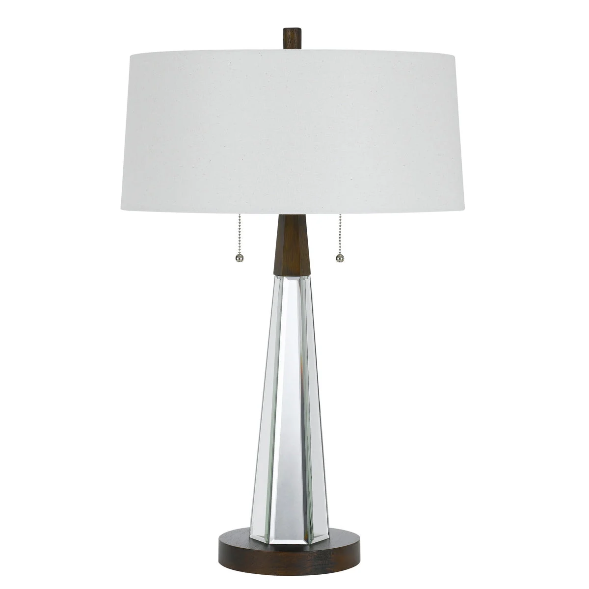 Benzara Fabric Shade Table Lamp with Faceted Mirror and Wooden Base, White