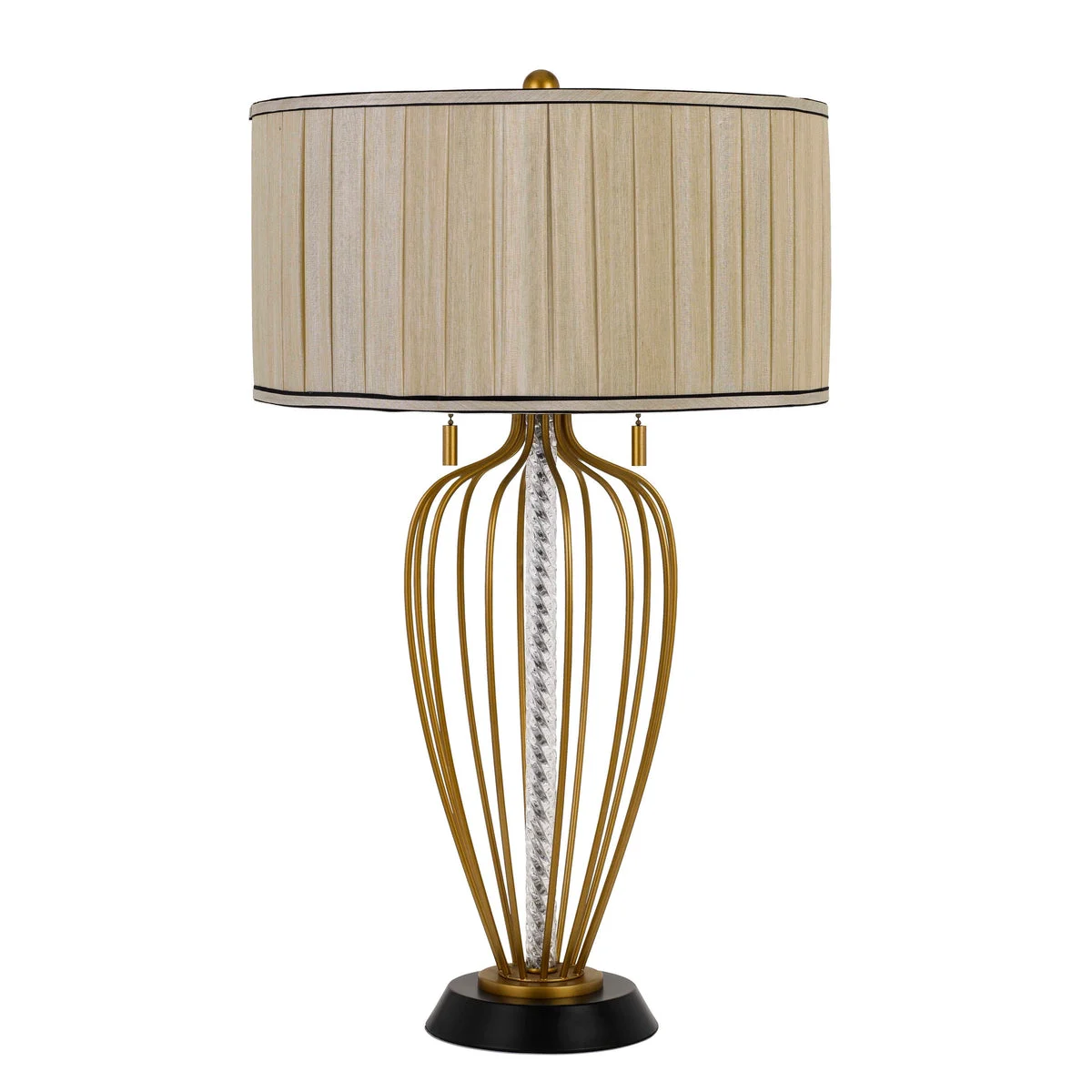 Benzara Pleated Drum Shade Table Lamp with Caged Urn Style Base, Black and Gold
