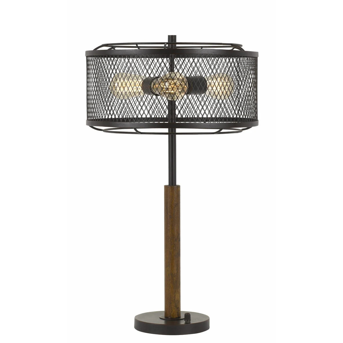 Benzara Mesh Metal Round Shade Table Lamp with Wooden Stand, Black and Brown