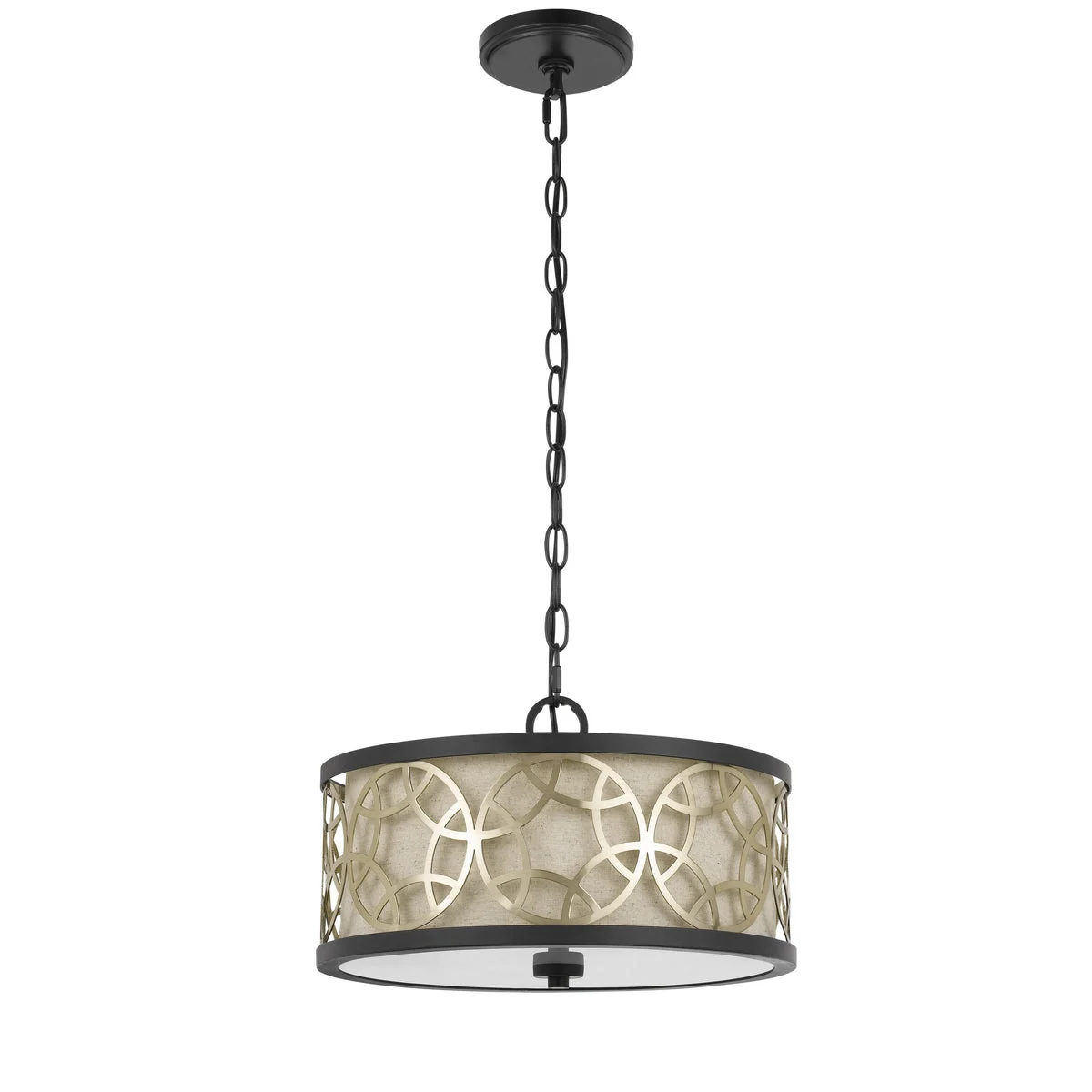 Benzara Cylindrical Drum Pendant Chandelier with Lattice Design, Black and Brass