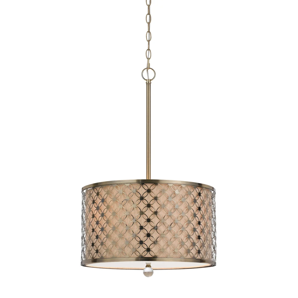 Benzara Drum Shade Pendant Lighting with Lattice Design, Antique Brass