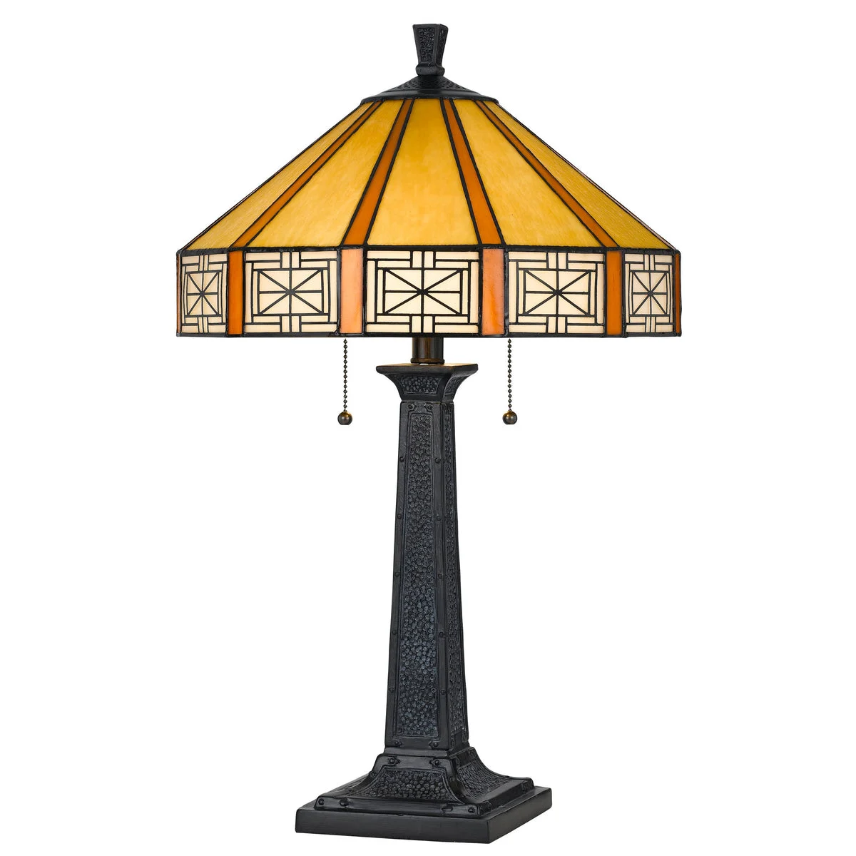 Benzara Tiffany Table Lamp with 2 Pull Switches and Resin Pedestal Body, Gray