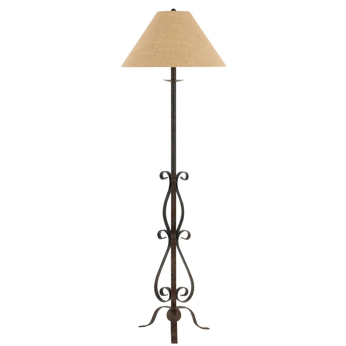Benzara Metal Floor Lamp with Scroll Design Base, Beige and Rustic Bronze