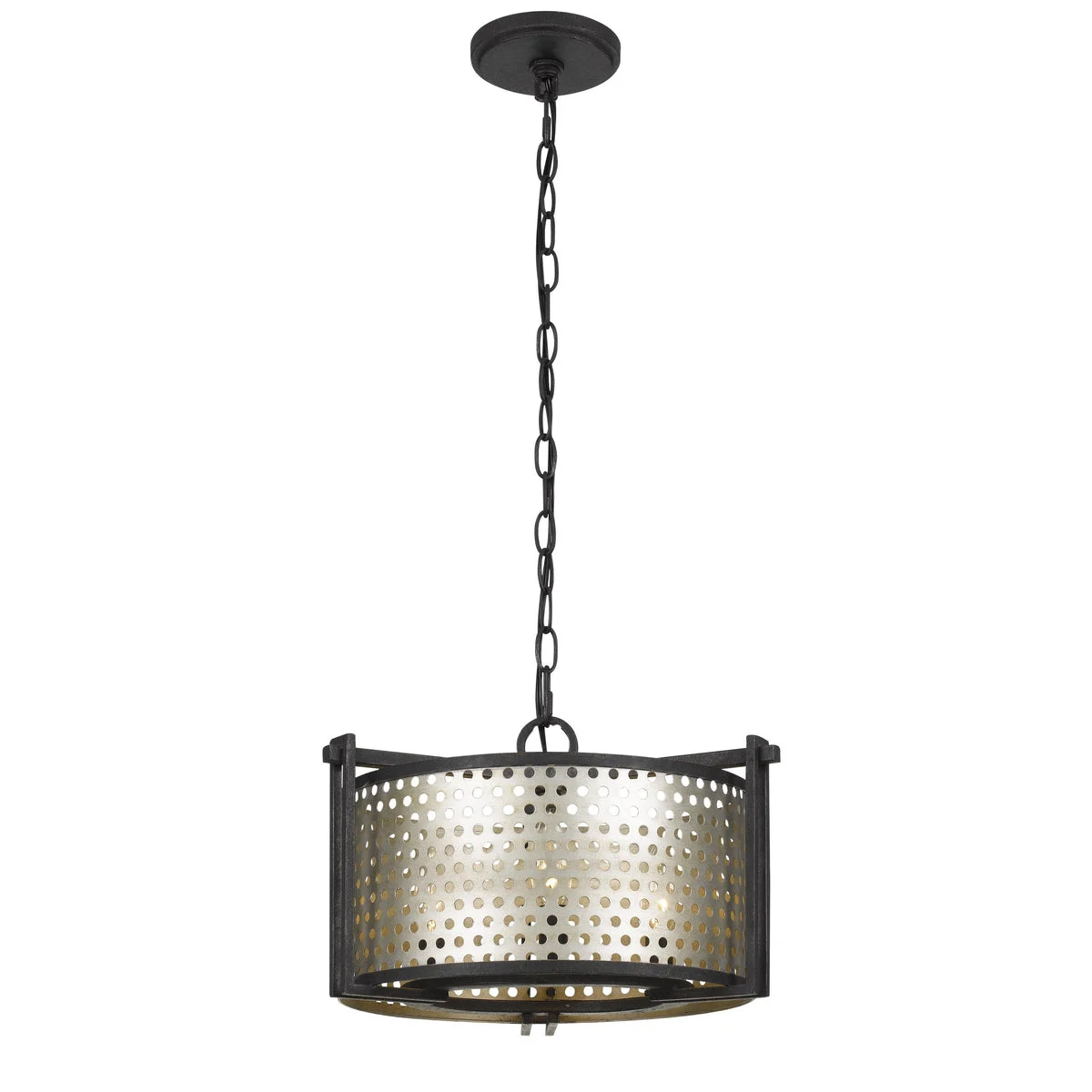 Benzara 3 Bulb Hanging Pendant Chandelier with Round Perforated Metal Frame, Gray