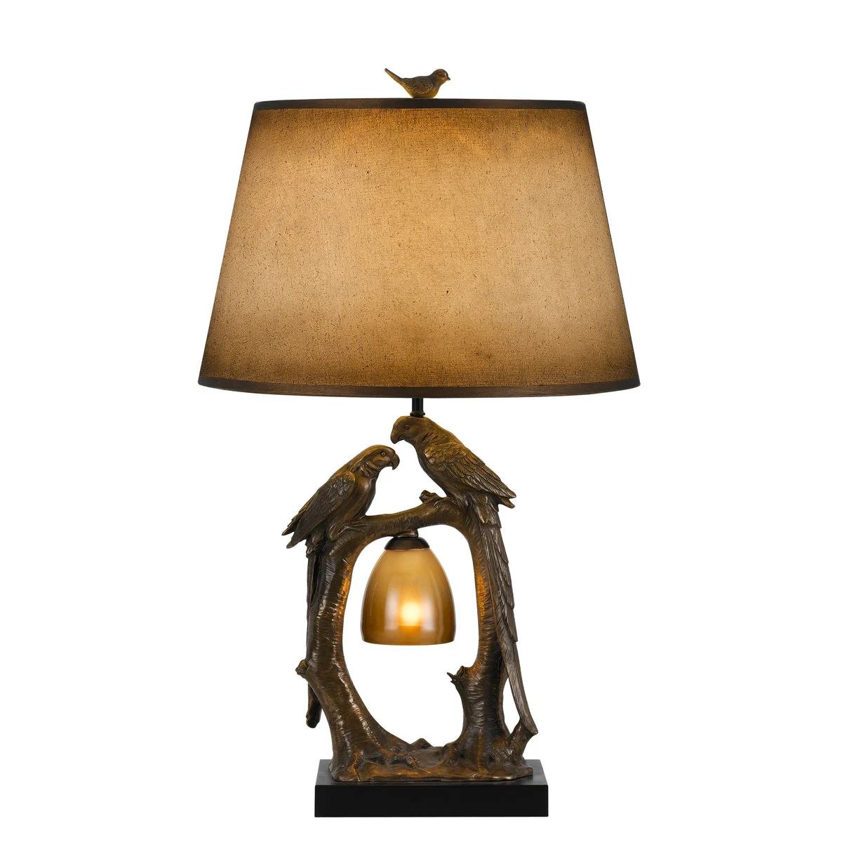 Benzara Paper Shade Table Lamp with Birds and Branches Base, Antique Bronze