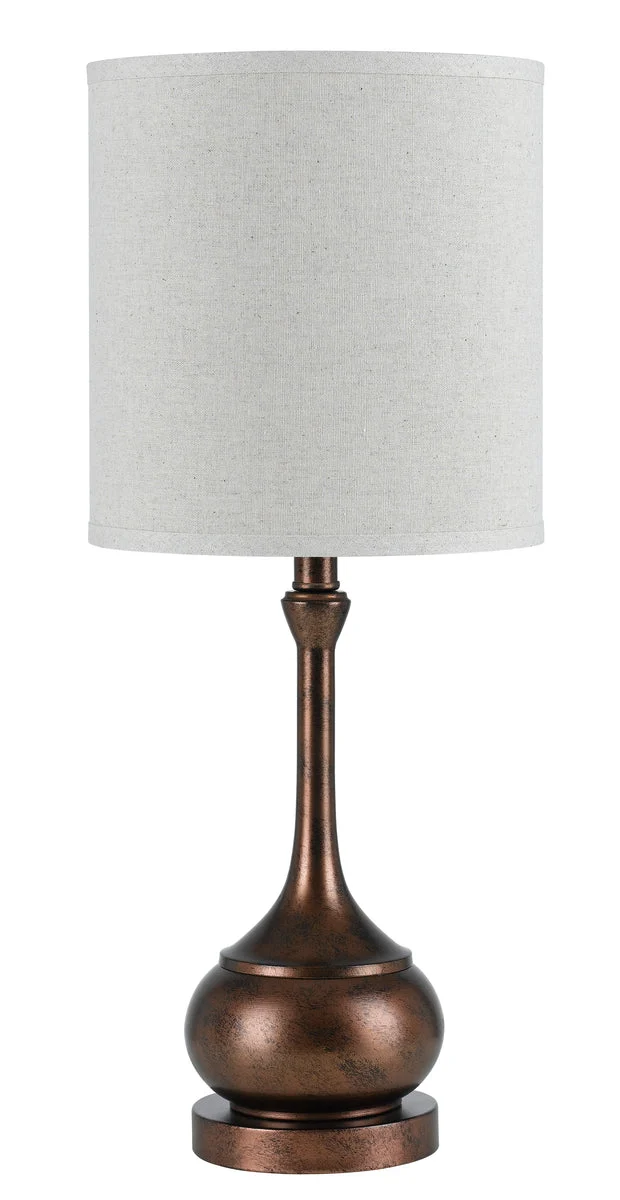 Benzara Elongated Bellied Shape Metal Accent Lamp with Drum Shade, Rustic Bronze