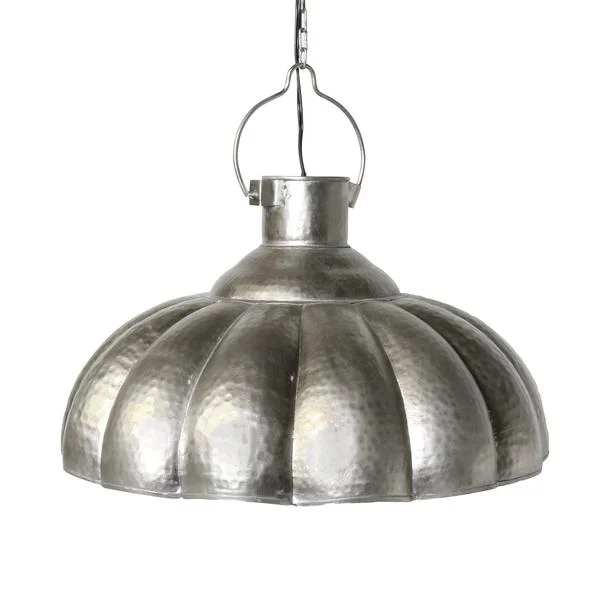 Benzara Farmhouse Metal Scalloped Shade Pendant Lamp with Textured Details, Silver