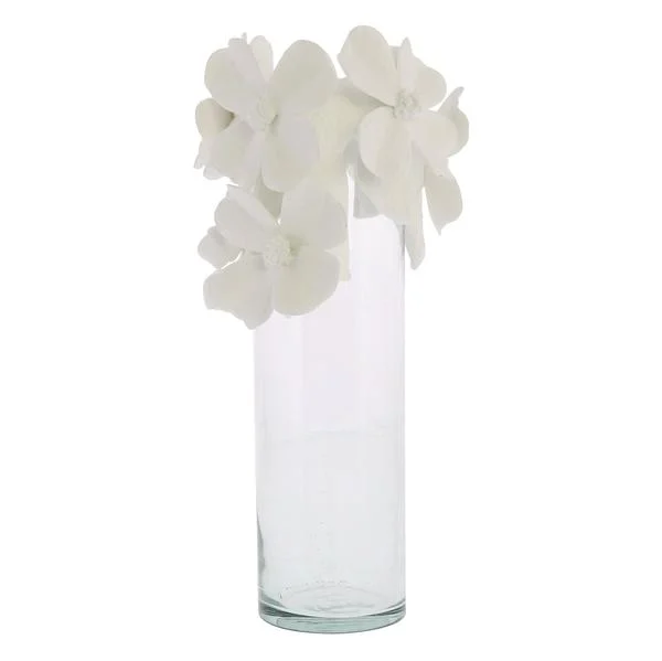 Benzara Cylindrical Glass Vase with Attached Flower Crown, Clear and White