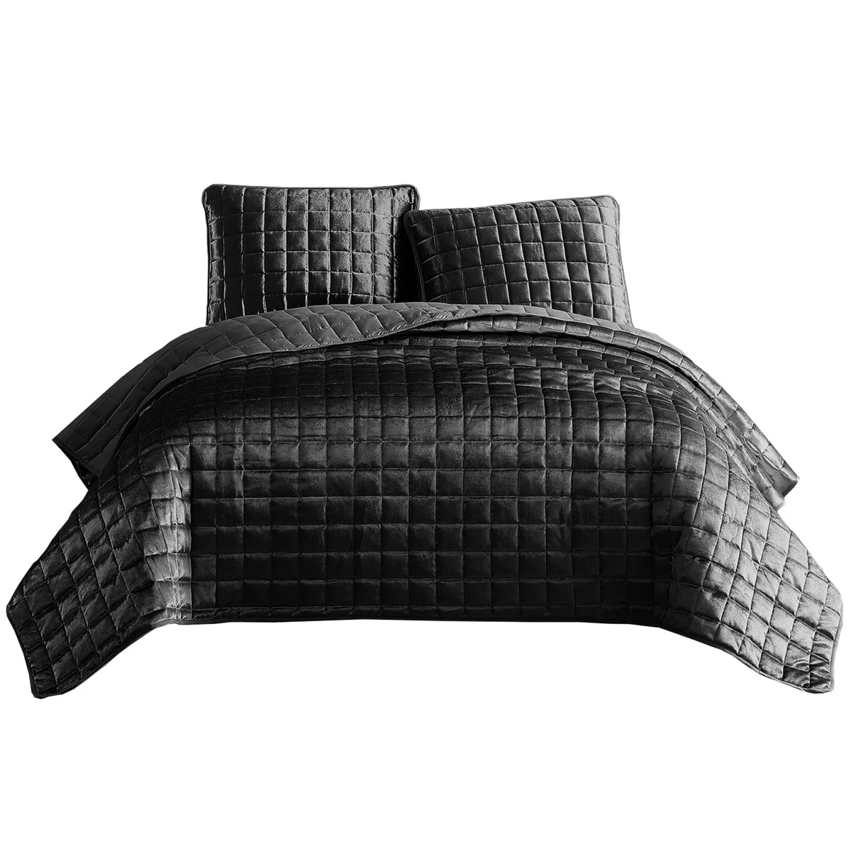Benzara 3 Piece King Size Coverlet Set with Stitched Square Pattern, Dark Gray
