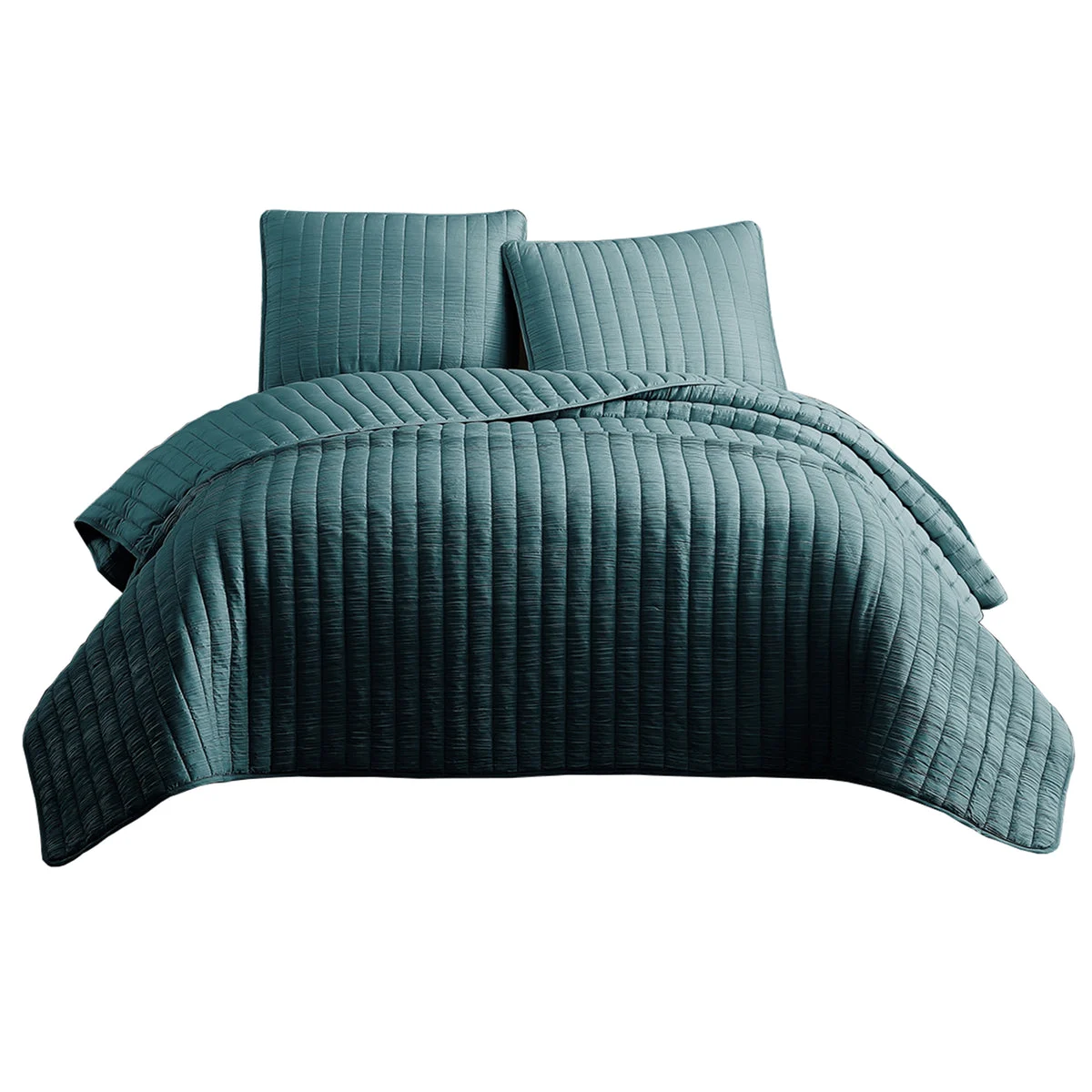 Benzara 3 Piece Crinkle Queen Coverlet Set with Vertical Stitching, Turquoise Blue