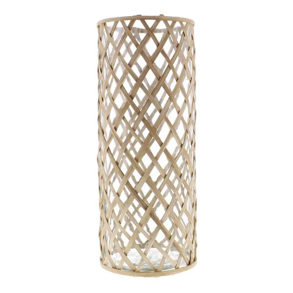 Benzara Cylindrical Bamboo Weaved Glass Vase, Grand, Brown and Clear