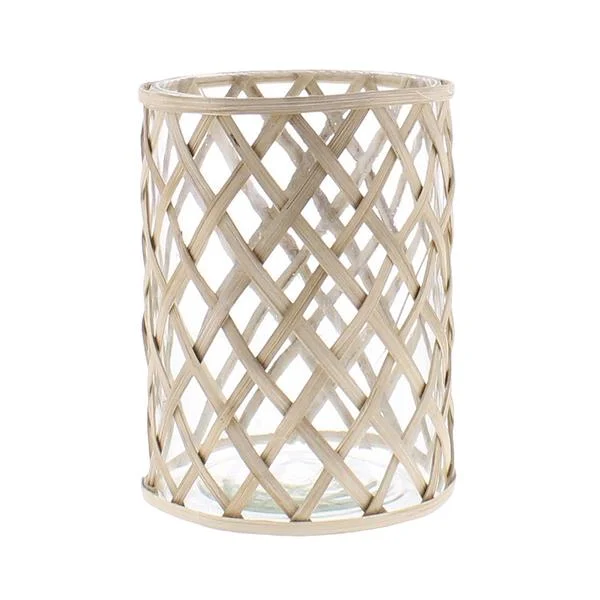 Benzara Cylindrical Bamboo Weaved Glass Vase, Large, Brown and Clear
