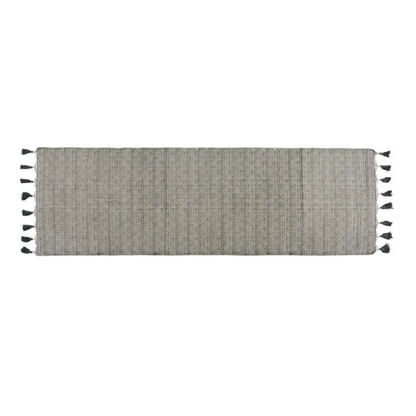 Benzara 8 x 2.5 Feet Block Printed Cotton Rug with Tassel, Gray and Off White