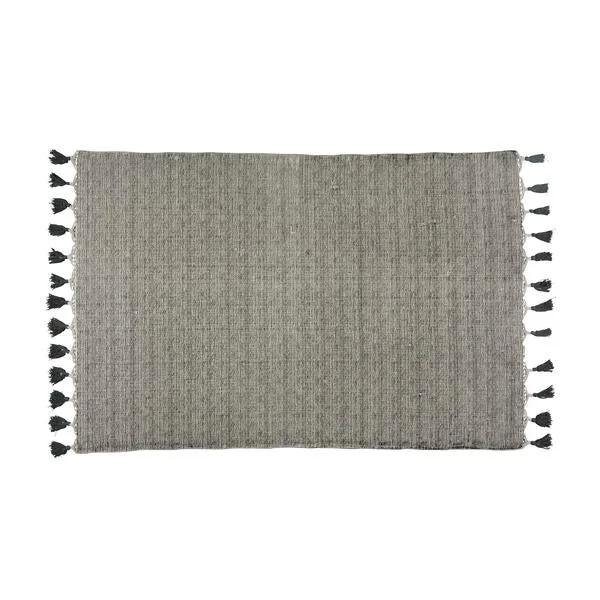 Benzara 6 x 4 Feet Block Printed Cotton Rug with Tassel, Gray and Off White
