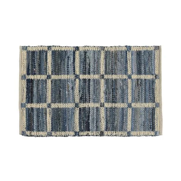 Benzara 3 x 2 Feet Reversible Cotton Rug with Grid Pattern, Blue and Off White