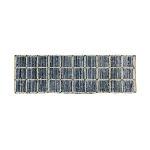 Benzara 8 x 2.5 Feet Reversible Cotton Rug with Grid Pattern, Blue and Off White