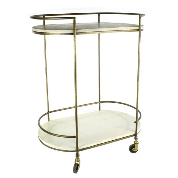 Benzara 2 Tier Obround Shaped Metal Bar Cart with 2 Wooden Shelves,Brass and White