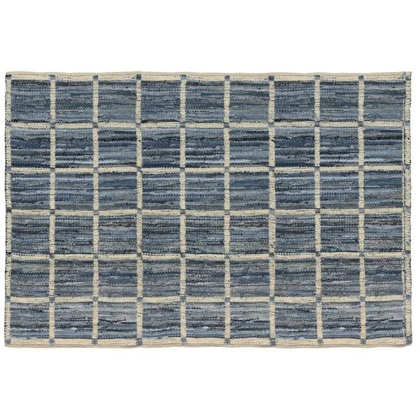 Benzara 5 X 8 Feet Rectangular Fabric Rug with Grid Pattern, Blue and White