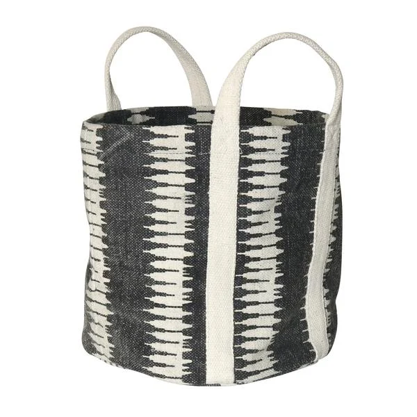 Benzara Round Cotton Tote with Block Printed Details, Gray and White