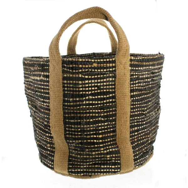 Benzara Woven Denim and Hemp Basket with Two Handles, Black and Beige