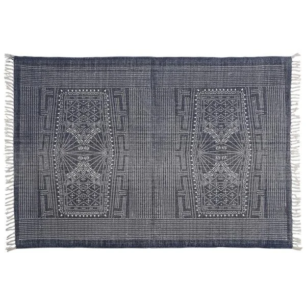 Benzara 4 X 6 Feet Fabric Rug with Fringe and Batik Prints, Blue