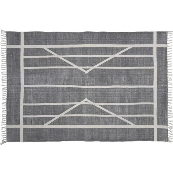Benzara 4 X 6 Feet Fabric Rug with Fringes and Centerpoint Stripes, Gray and White