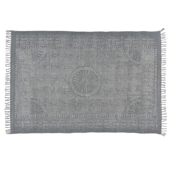 Benzara 4 X 6 Feet Rectangular Fabric Rug with Fringes and Block Prints, Light Gray