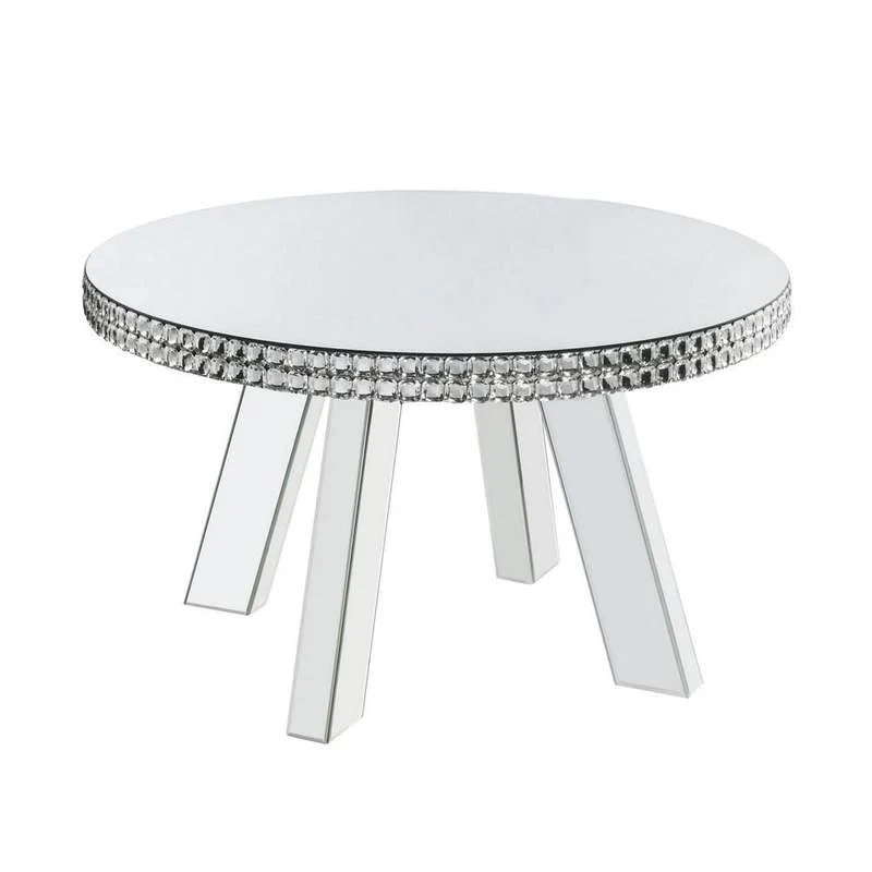 Benzara Round Mirror Panel Inlay Coffee Table with Faux Crystals Accents, Silver