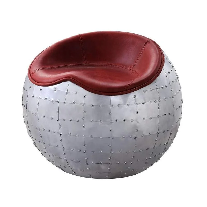 Benzara Spherical Metal Ottoman with Leatherette Saddle Seat, Gray and Red