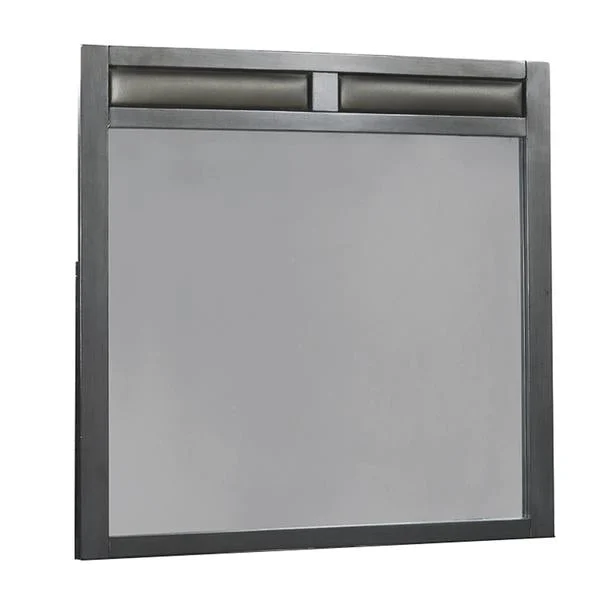 Benzara Wooden Rectangular Frame Mirror with Leatherette Insert, Dark Gray