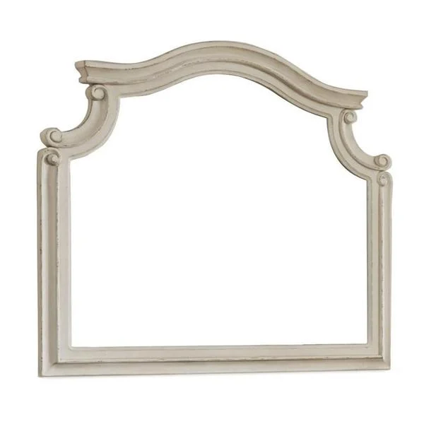 Benzara Scalloped Top Wood Encased Mirror with Molded Details, Antique White