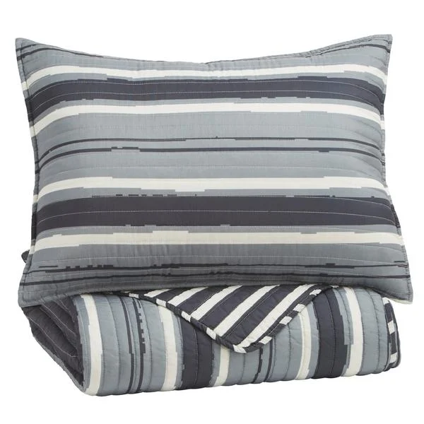 Benzara 2 Piece Polyester Twin Coverlet Set with Block Stripe Print, Gray and Cream
