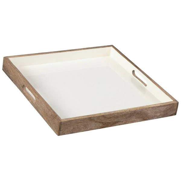 Benzara Square Wooden Enameled Tray with Cut Out Handles, Brown and White