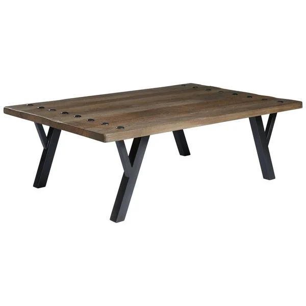 Benzara Rectangular Wooden Cocktail Table with Y Shaped Metal Legs, Brown and Black