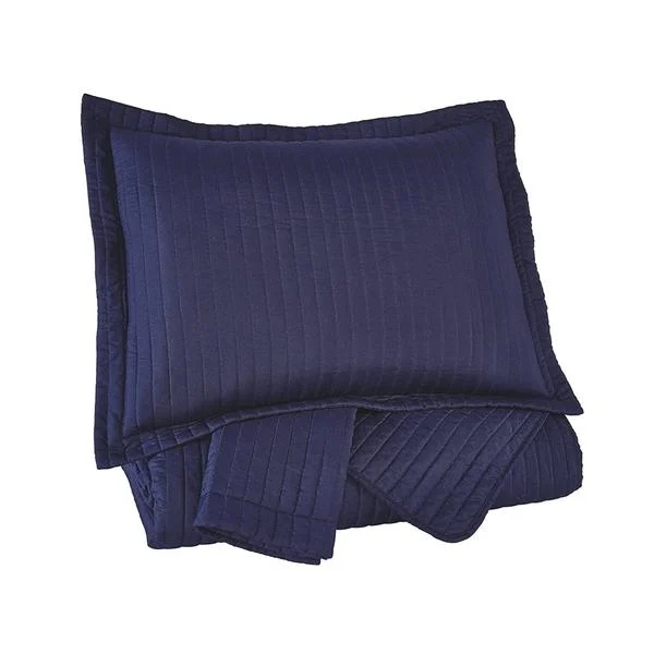 Benzara 3 Piece Queen Coverlet Set with Vertical Channel Stitching, Navy Blue