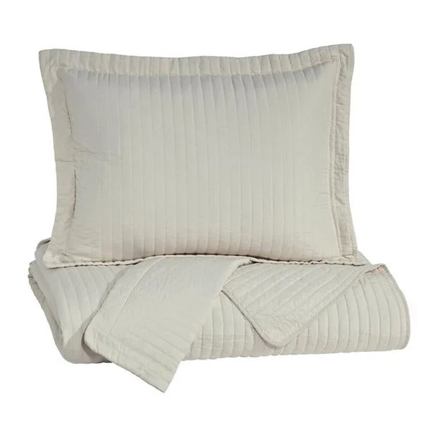 Benzara 3 Piece Fabric Queen Coverlet Set with Vertical Channel Stitching, Cream