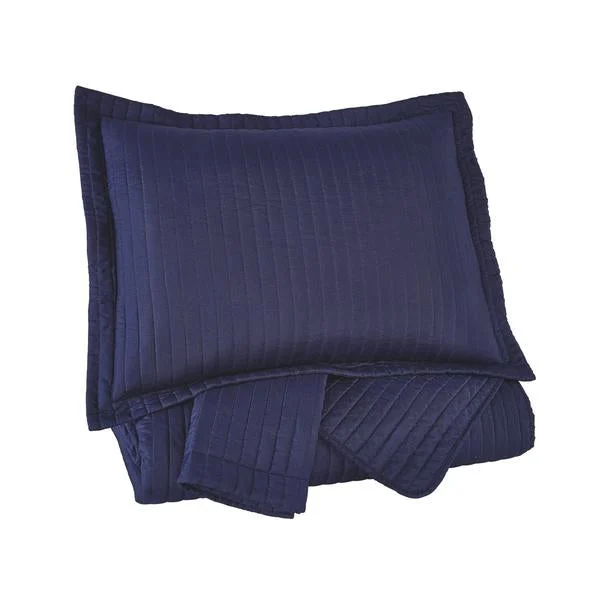 Benzara 3 Piece Fabric King Coverlet Set with Vertical Channel Stitching, Blue