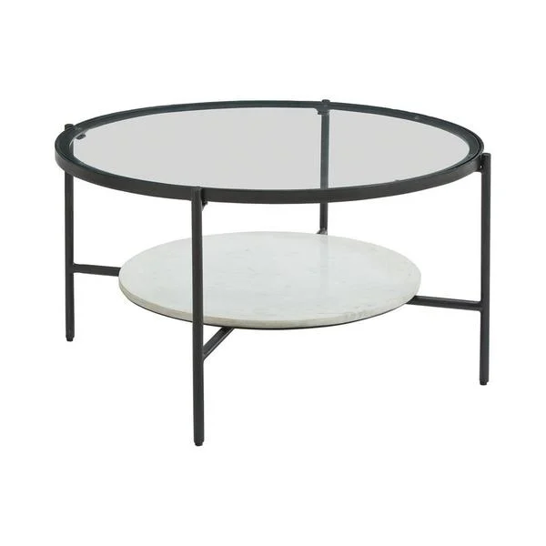 Benzara Glass Top Round Cocktail Table with Marble Shelf, Black and White