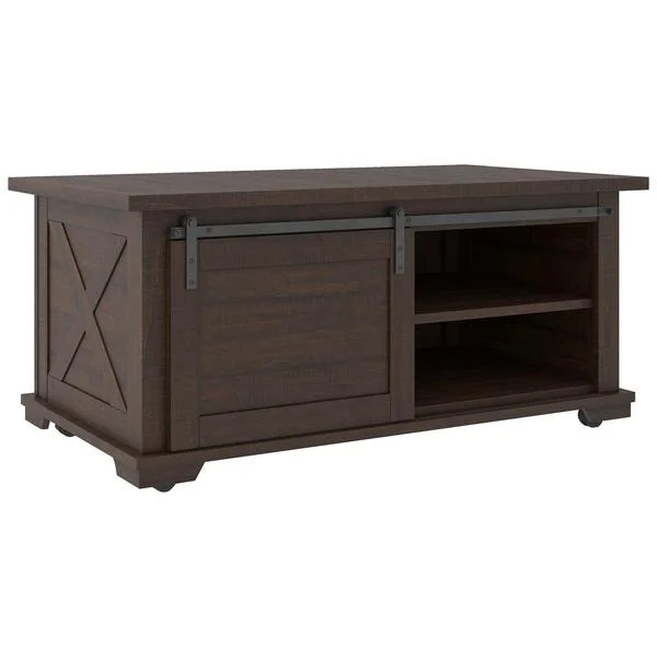 Benzara Rectangular Barn Slide Door Cocktail Table with Casters, Brown