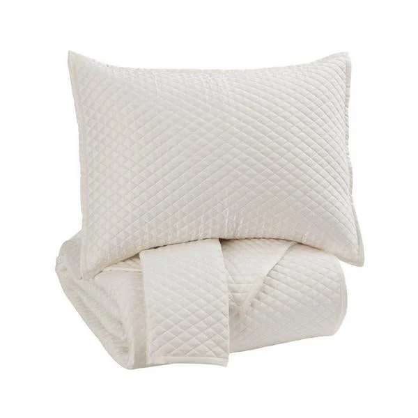 Benzara Fabric Upholstered 3 Piece King Quilt Set with Diamond Quilting, Ivory